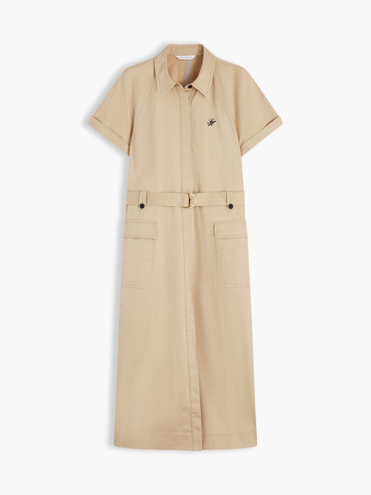 Belted Twill Midi Shirt Dress — Beige