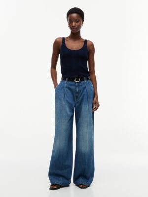 blue pleated mid rise wide leg jeans for women tommy hilfiger