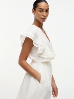 Linen Blend Frill Sleeve Midi Dress — White 2
