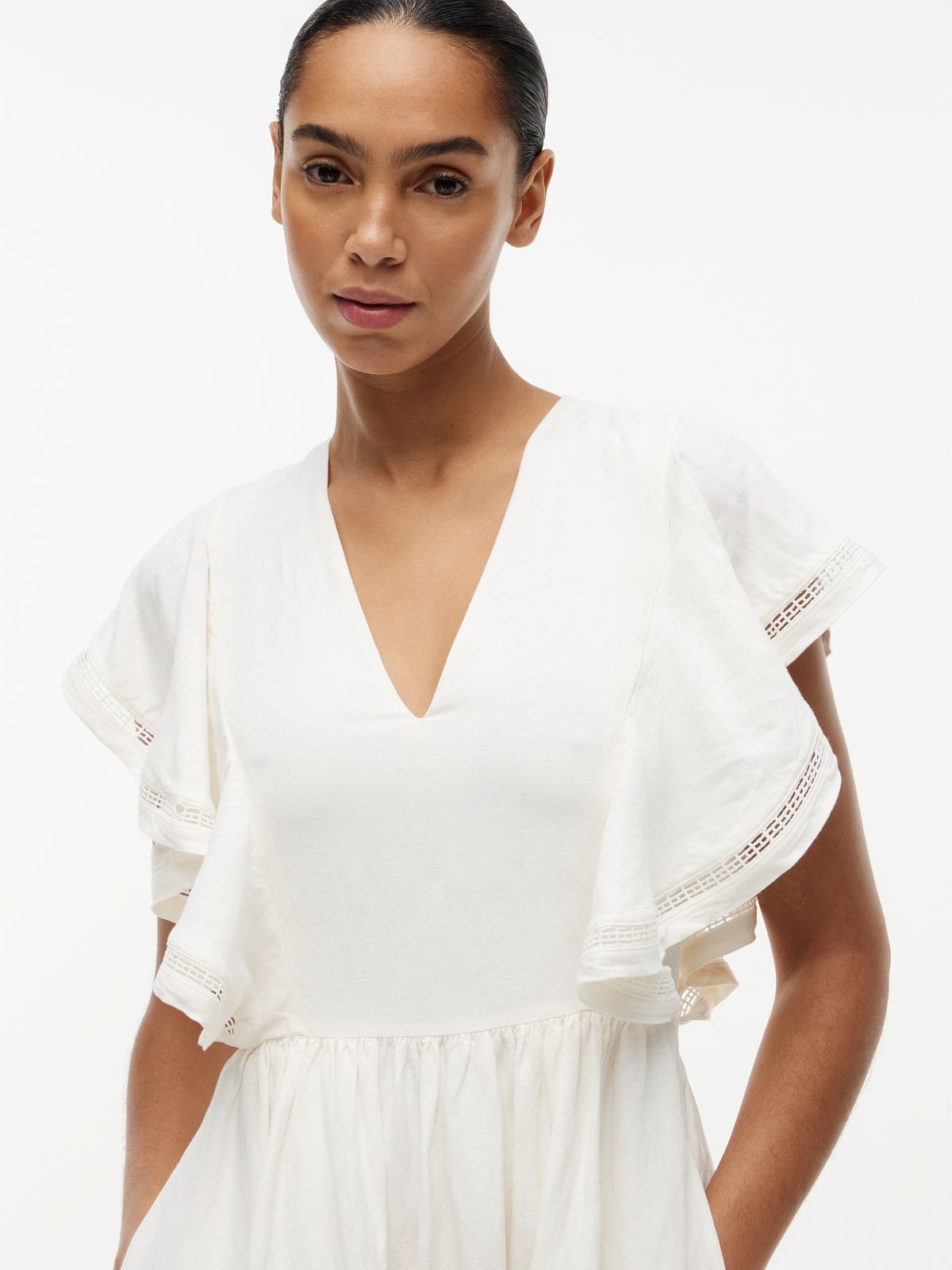 Linen Blend Frill Sleeve Midi Dress — White