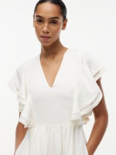 Linen Blend Frill Sleeve Midi Dress — White 3