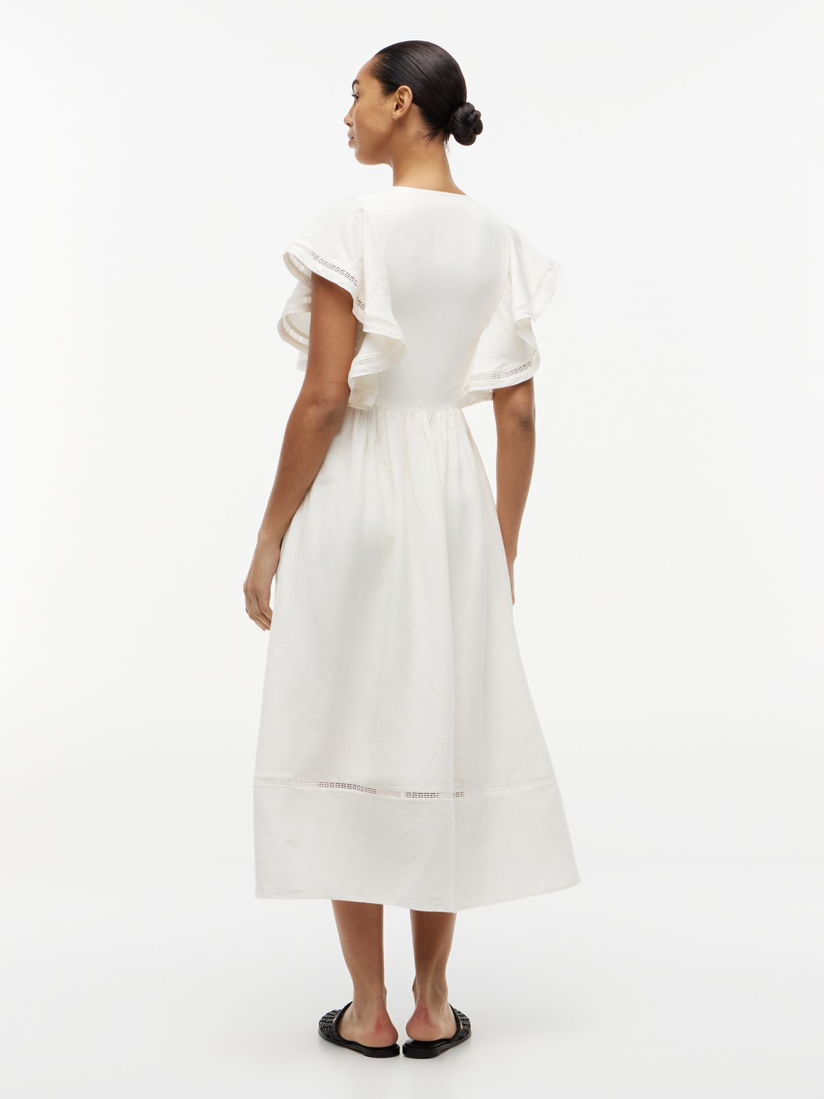 Linen Blend Frill Sleeve Midi Dress — White