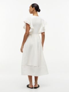 Linen Blend Frill Sleeve Midi Dress — White 4
