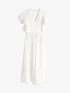 Linen Blend Frill Sleeve Midi Dress — White 5