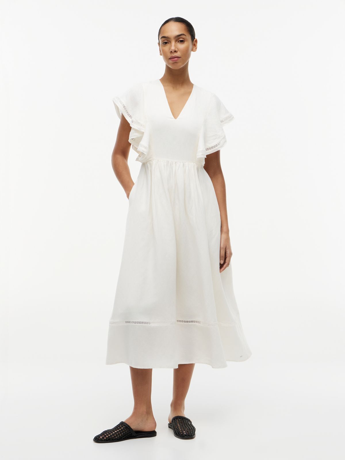 Linen Blend Frill Sleeve Midi Dress — White