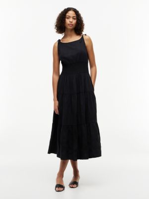robe midi smockée à bretelles à nouer black pour femmes tommy hilfiger