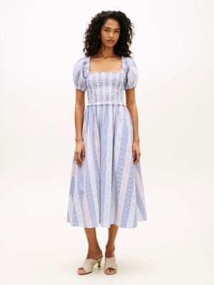 blue seersucker stripe short sleeve midi dress for women tommy hilfiger