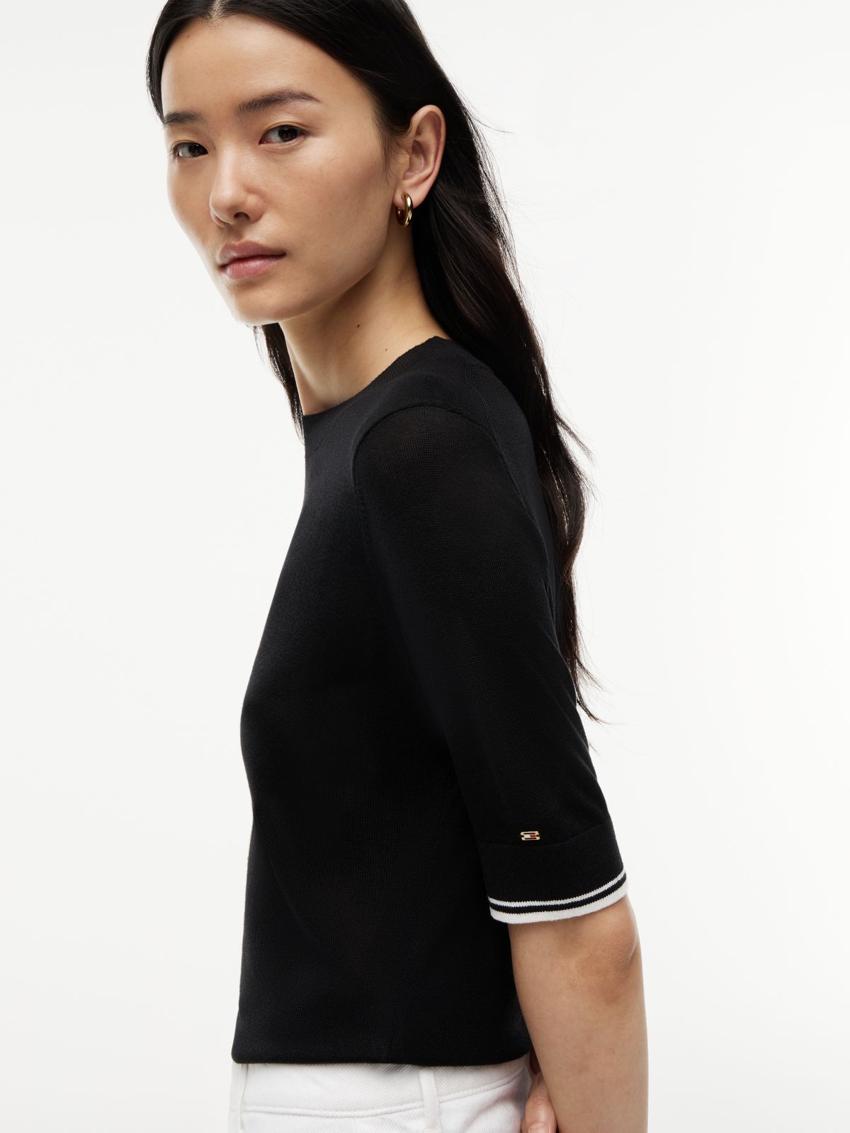 Tipped Short Sleeve Jumper With Silk — Black
