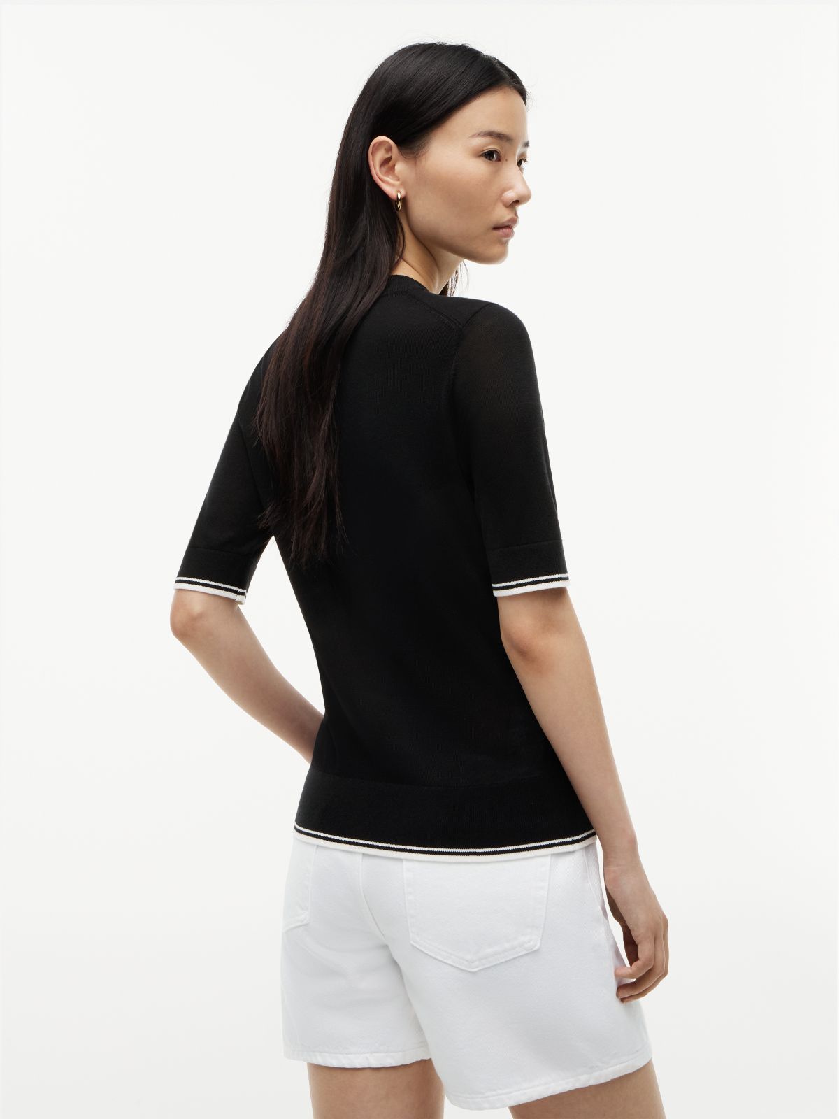 Tipped Short Sleeve Jumper With Silk — Black