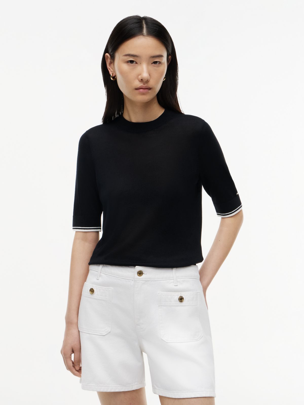 Tipped Short Sleeve Jumper With Silk — Black