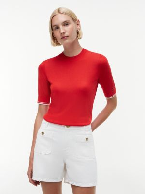 red kurzarm-pullover mit kontrast-detail und seide für damen - tommy hilfiger