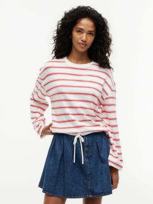 multi stripe drawstring hem long sleeve t-shirt for women tommy hilfiger