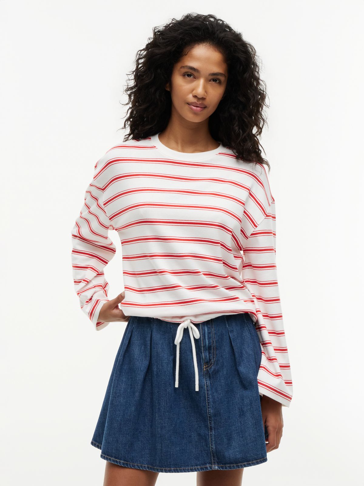 Stripe Drawstring Hem Long Sleeve T-Shirt — Multi