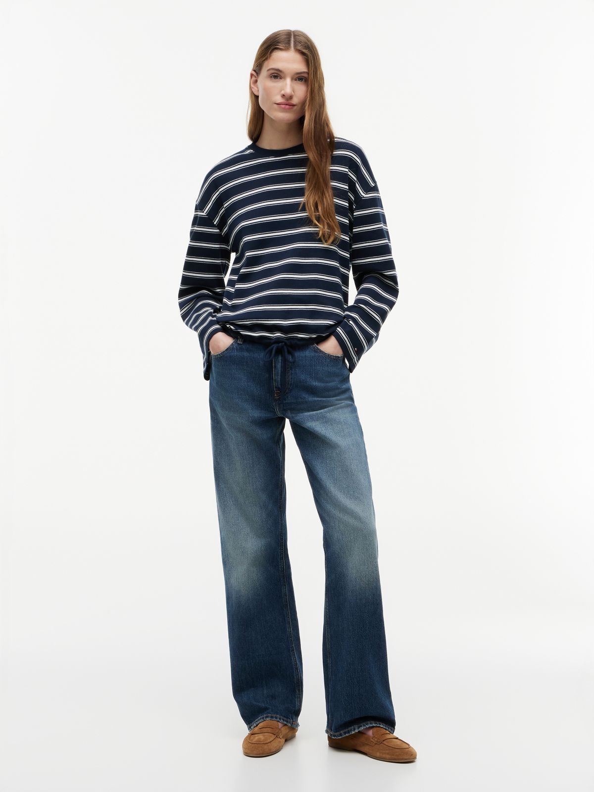 Stripe Drawstring Hem Long Sleeve T-Shirt — Blue