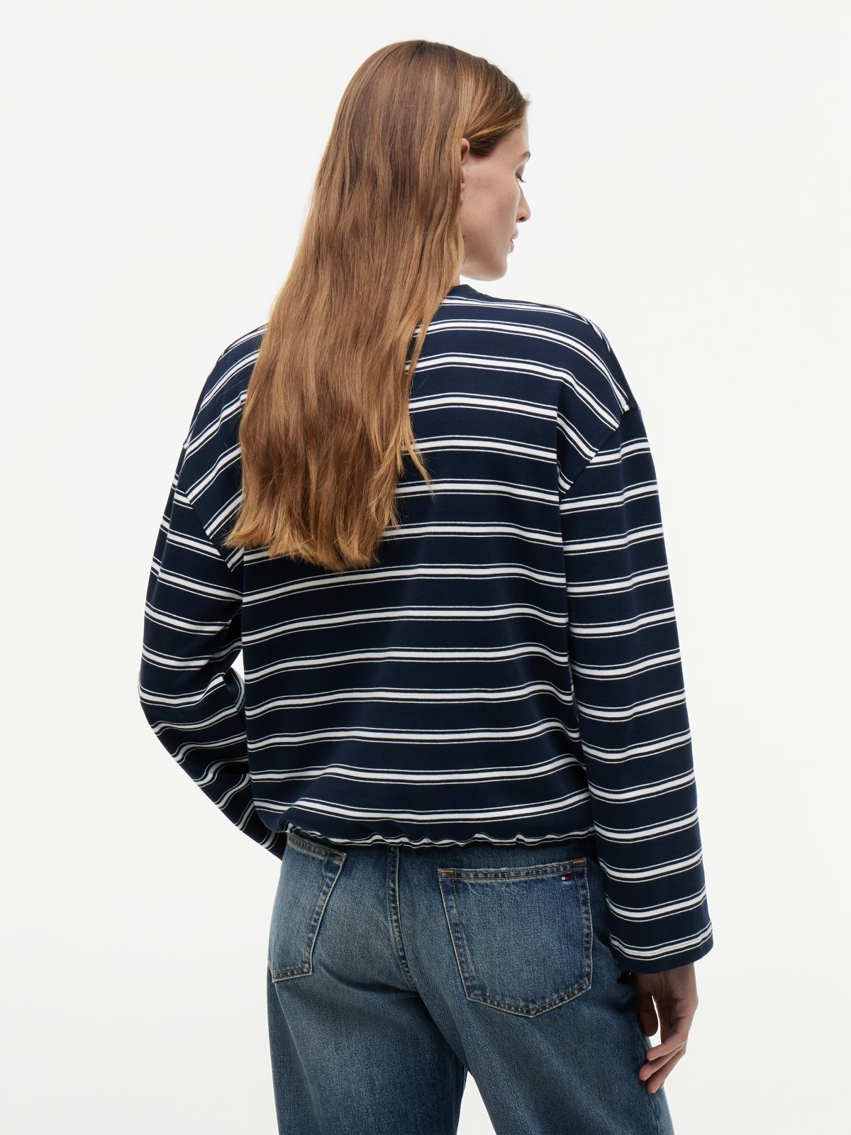 Stripe Drawstring Hem Long Sleeve T-Shirt — Blue