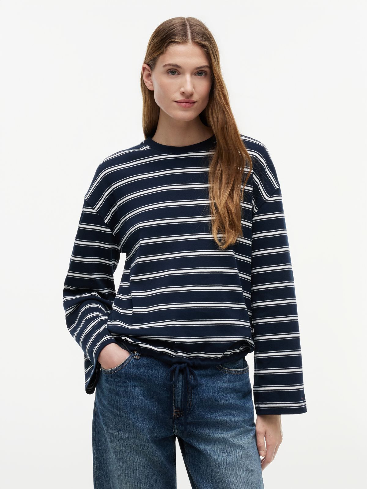 Stripe Drawstring Hem Long Sleeve T-Shirt — Blue