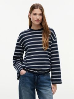 Stripe Drawstring Hem Long Sleeve T-Shirt — Blue 1