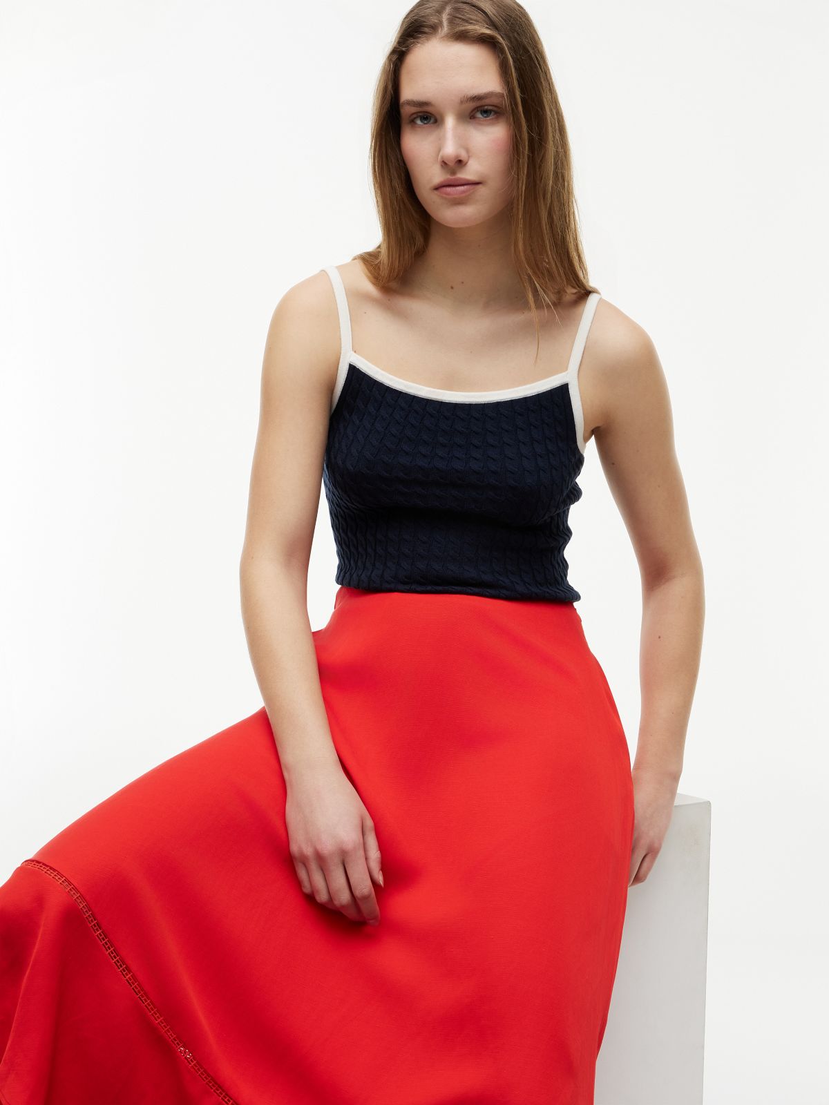Logo Flare Midi Skirt With Linen — Red
