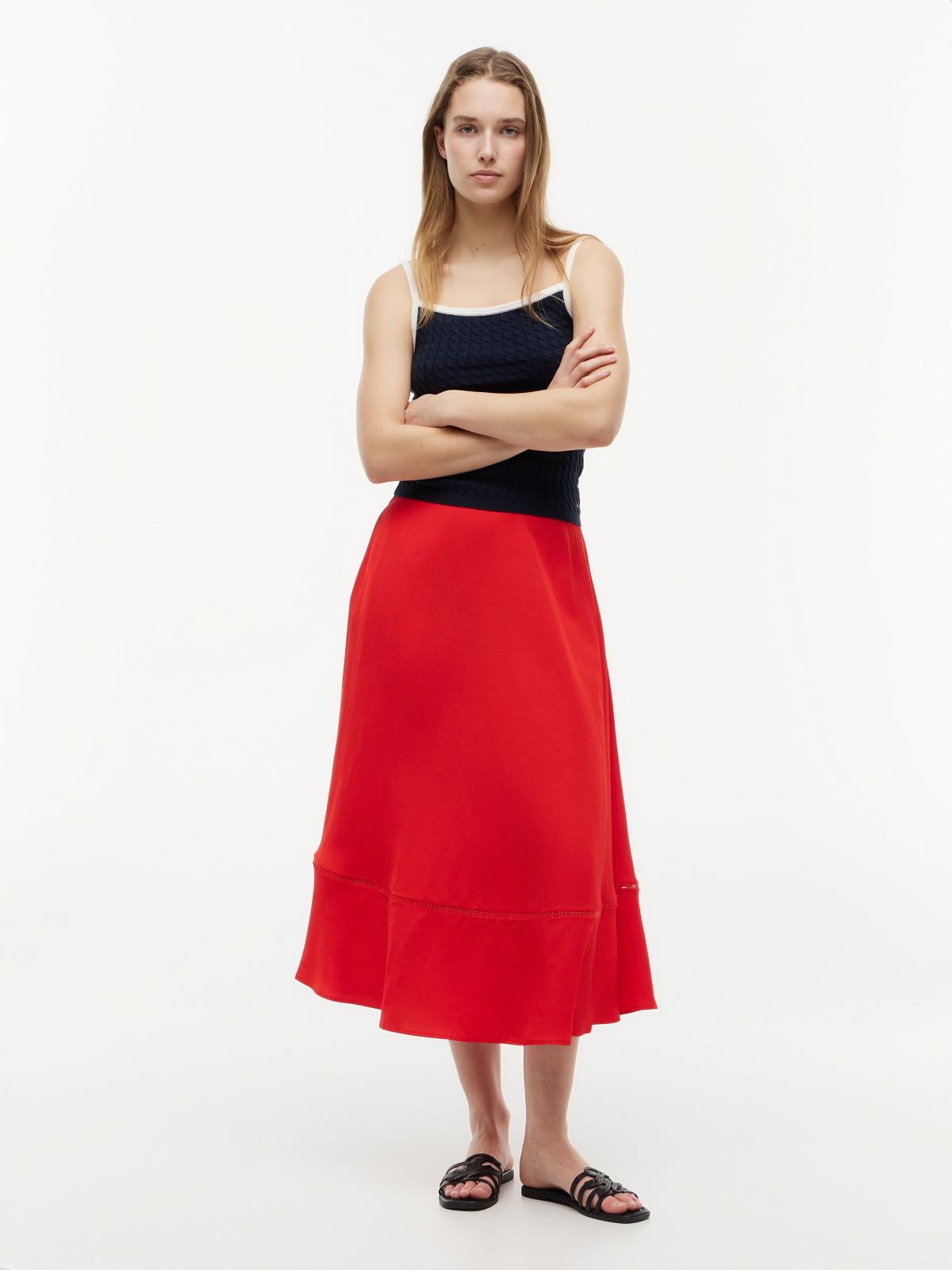 Logo Flare Midi Skirt With Linen — Red