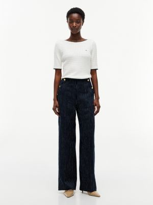 blue pinstripe gold-tone button wide leg trousers with linen for women tommy hilfiger
