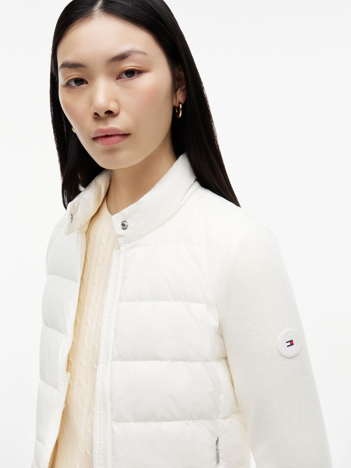 Mixed Texture Slim Lightweight Down Jacket — White