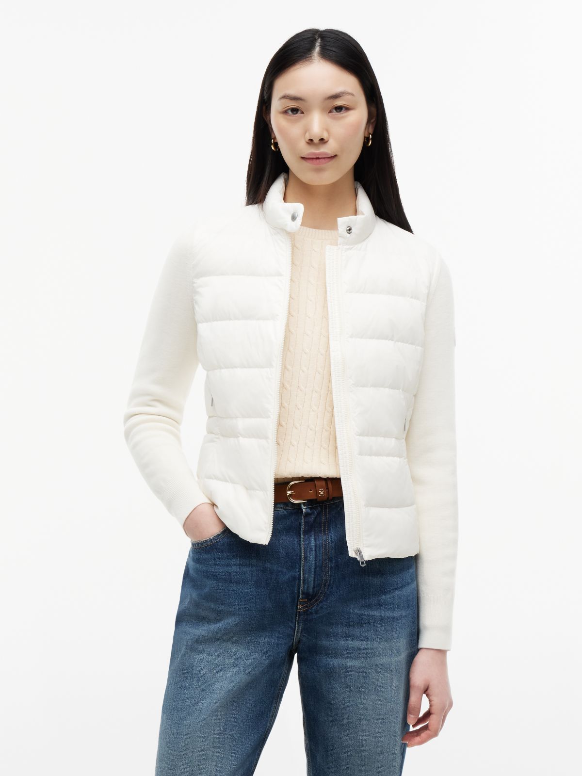 Mixed Texture Slim Lightweight Down Jacket — White