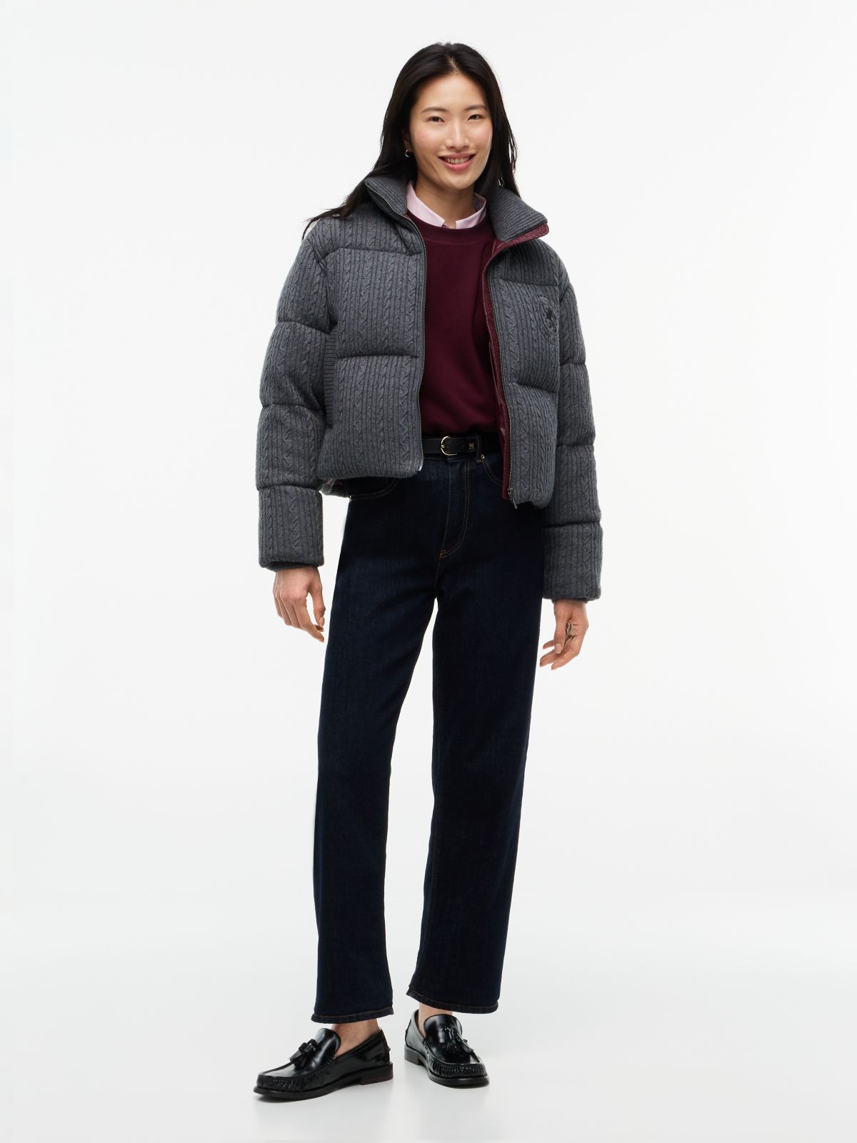 Wool Blend Cable Knit Down Jacket — Grey