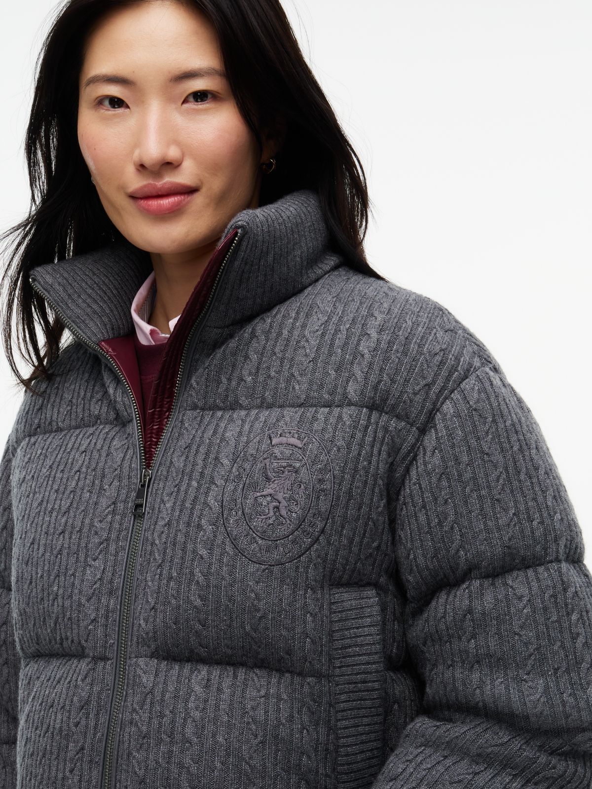 Wool Blend Cable Knit Down Jacket — Grey