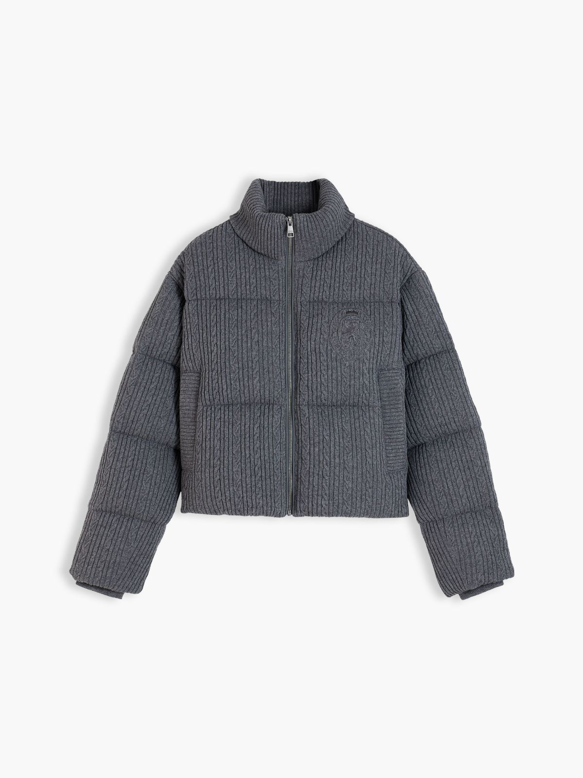 Wool Blend Cable Knit Down Jacket — Grey