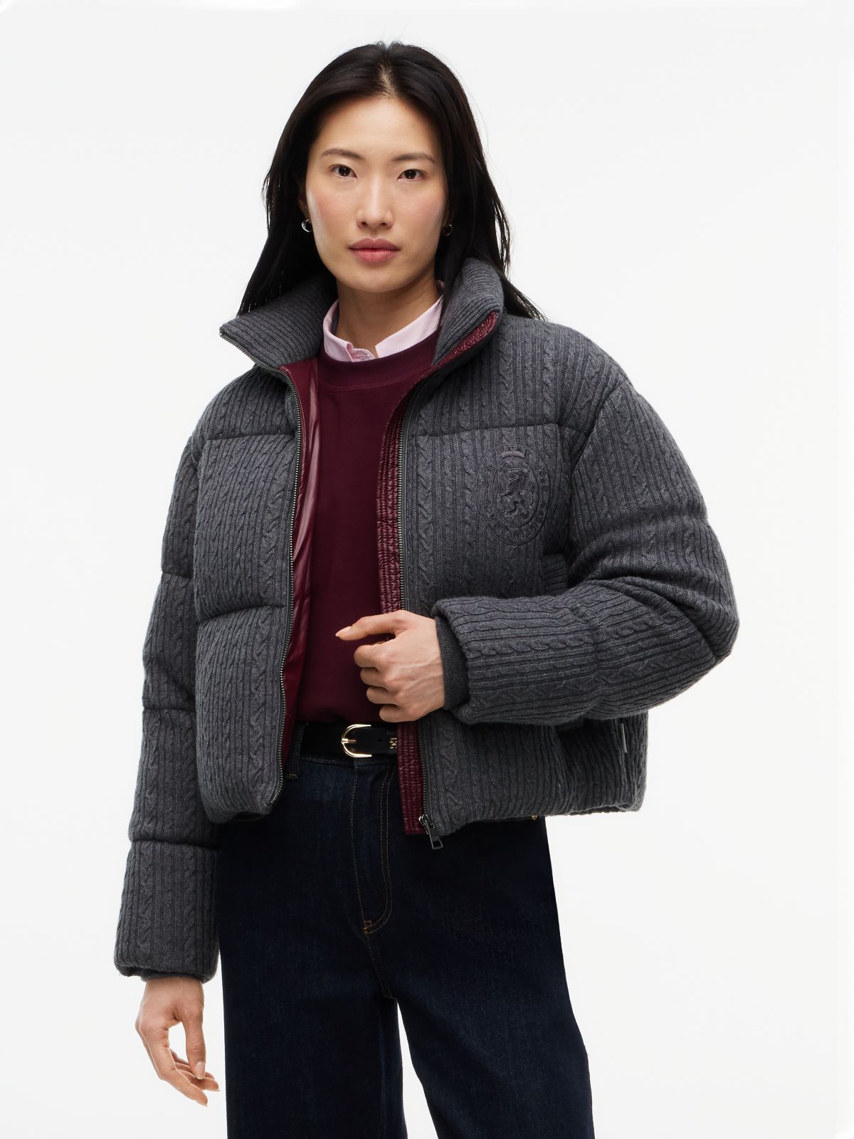 Wool Blend Cable Knit Down Jacket — Grey