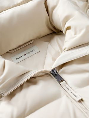 beige slim fit longline-daunenmantel mit kapuze für damen - tommy hilfiger