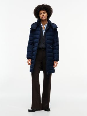 blue slim down hooded coat for women tommy hilfiger