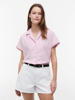 pink relaxed fit poplin short sleeve shirt for women tommy hilfiger