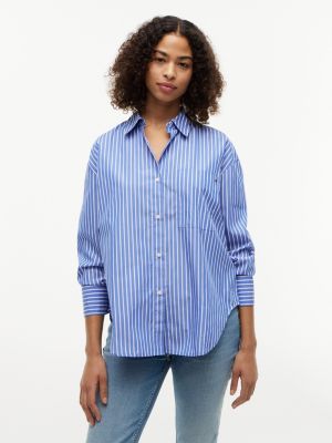 blue oversized fit stripe shirttail hem poplin shirt for women tommy hilfiger