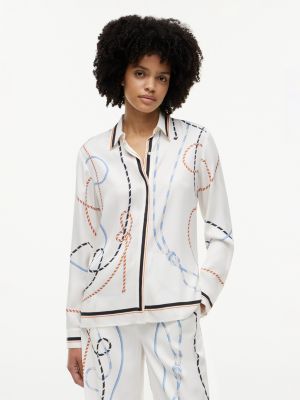 white regular fit hemd mit seil-print und goldfarbenen knöpfen für damen - tommy hilfiger