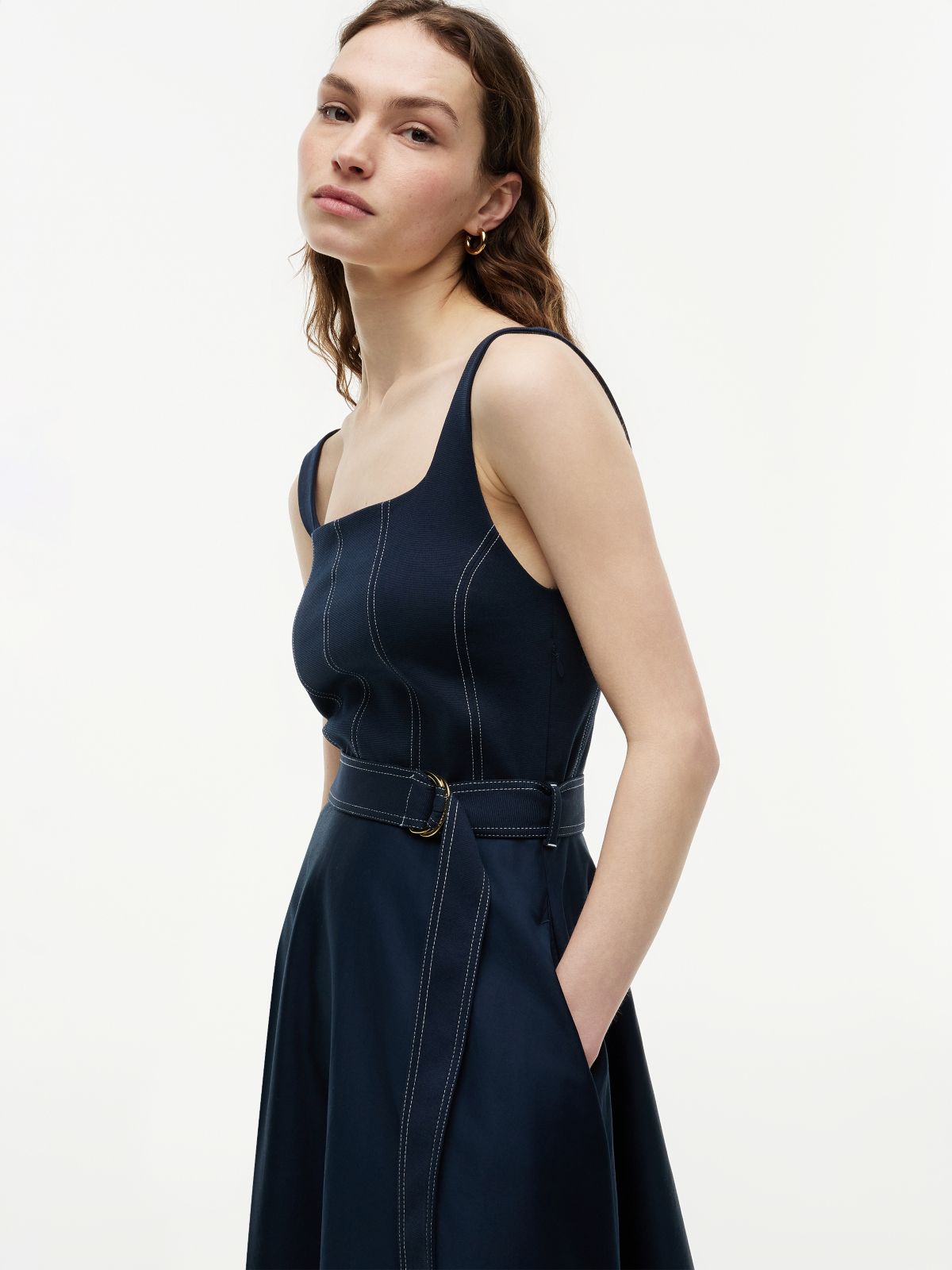 Topstitch Square Neck Belted Midi Dress — Blue