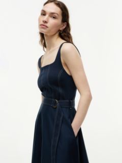Topstitch Square Neck Belted Midi Dress — Blue 2