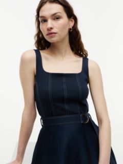 Topstitch Square Neck Belted Midi Dress — Blue 3