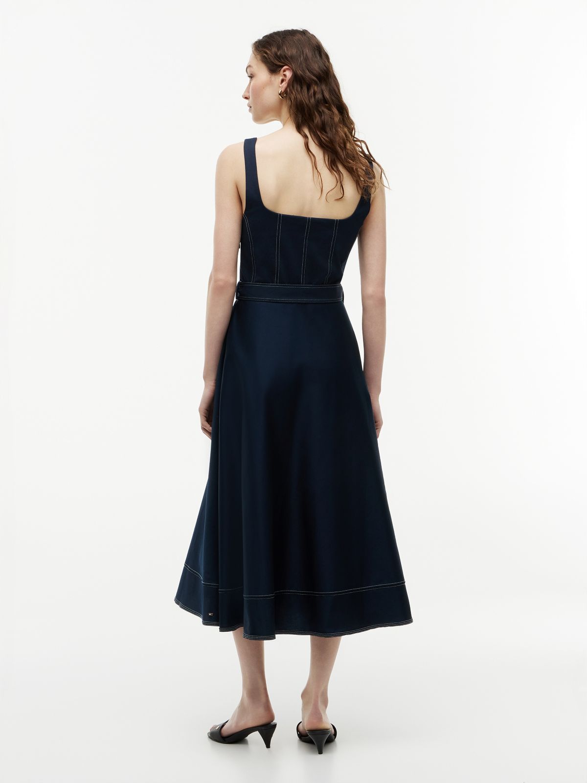 Topstitch Square Neck Belted Midi Dress — Blue