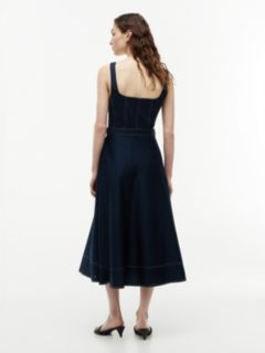 Topstitch Square Neck Belted Midi Dress — Blue 4