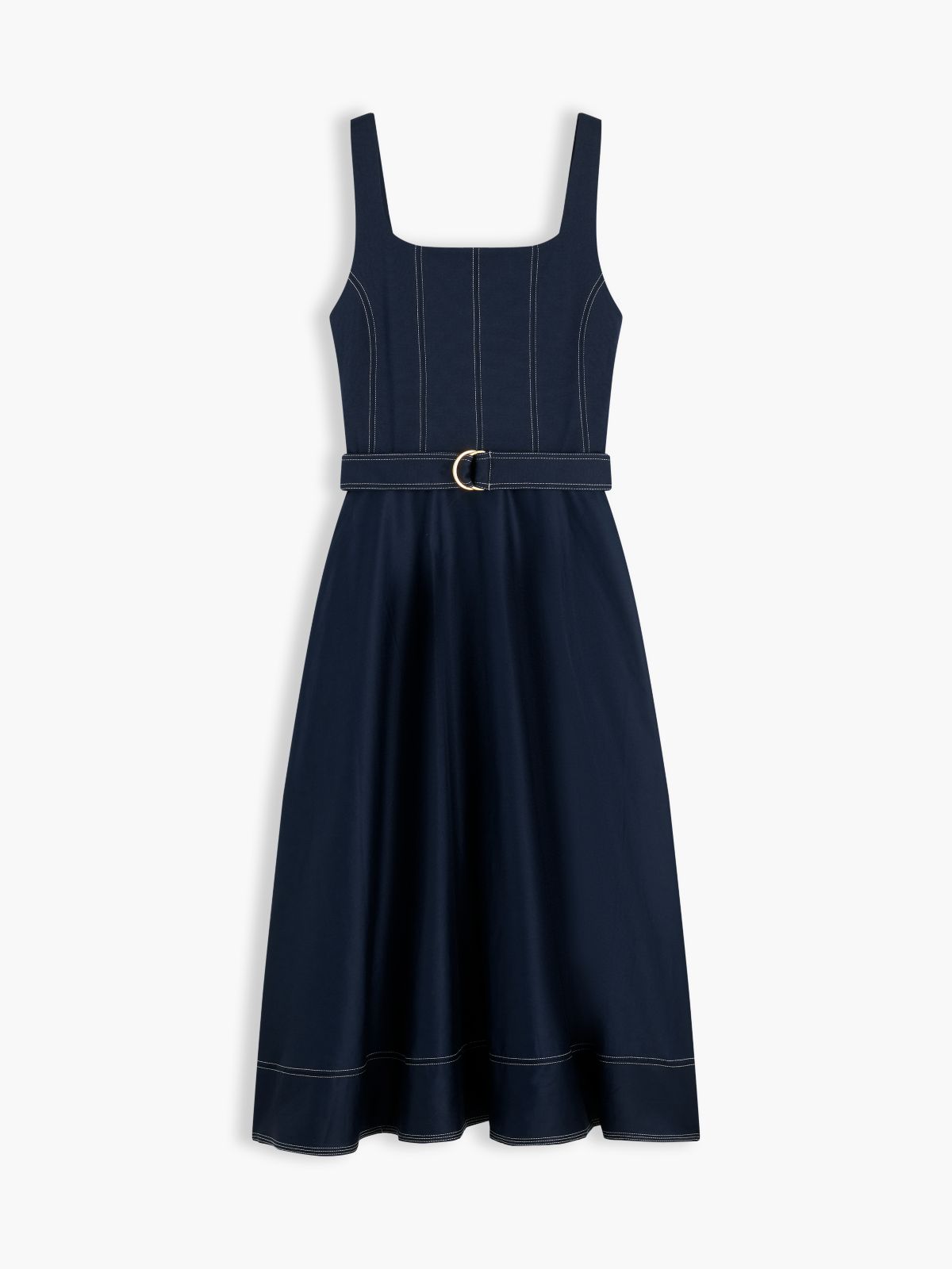 Topstitch Square Neck Belted Midi Dress — Blue