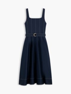 Topstitch Square Neck Belted Midi Dress — Blue 5