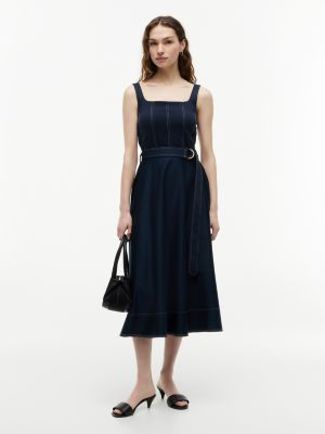 blue topstitch square neck belted midi dress for women tommy hilfiger