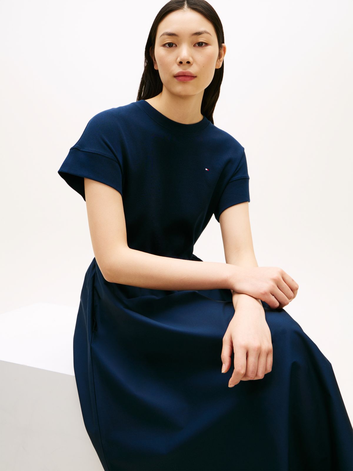 Contrast Fit And Flare Midi Dress — Blue