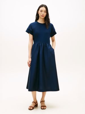 blue contrast fit and flare midi dress for women tommy hilfiger