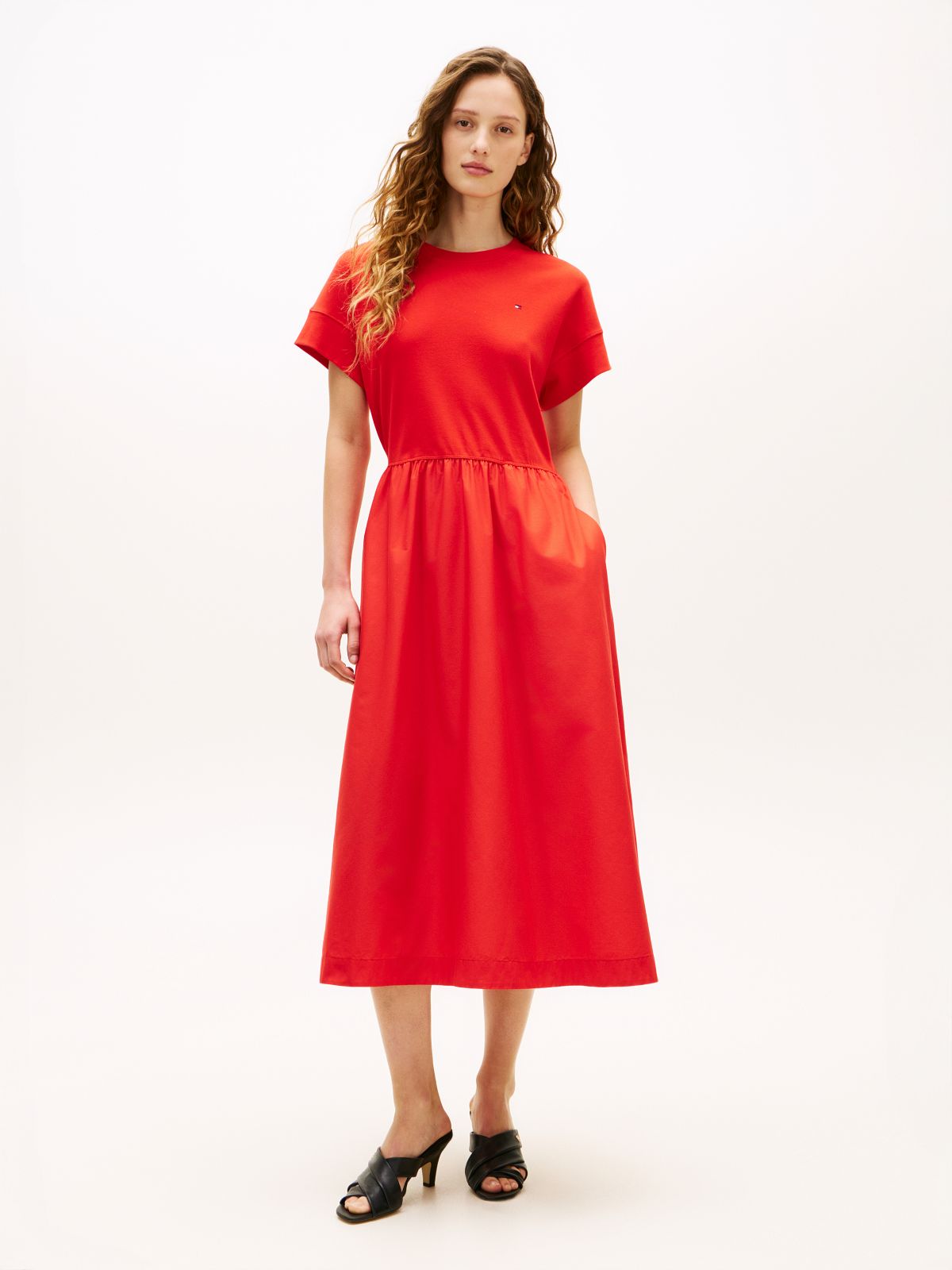 Contrast Fit And Flare Midi Dress — Orange