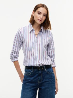 white regular fit popeline-hemd mit flag-stickerei für damen - tommy hilfiger