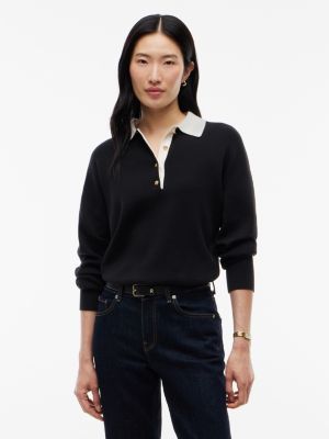 black premium knit gold-tone button polo jumper for women tommy hilfiger