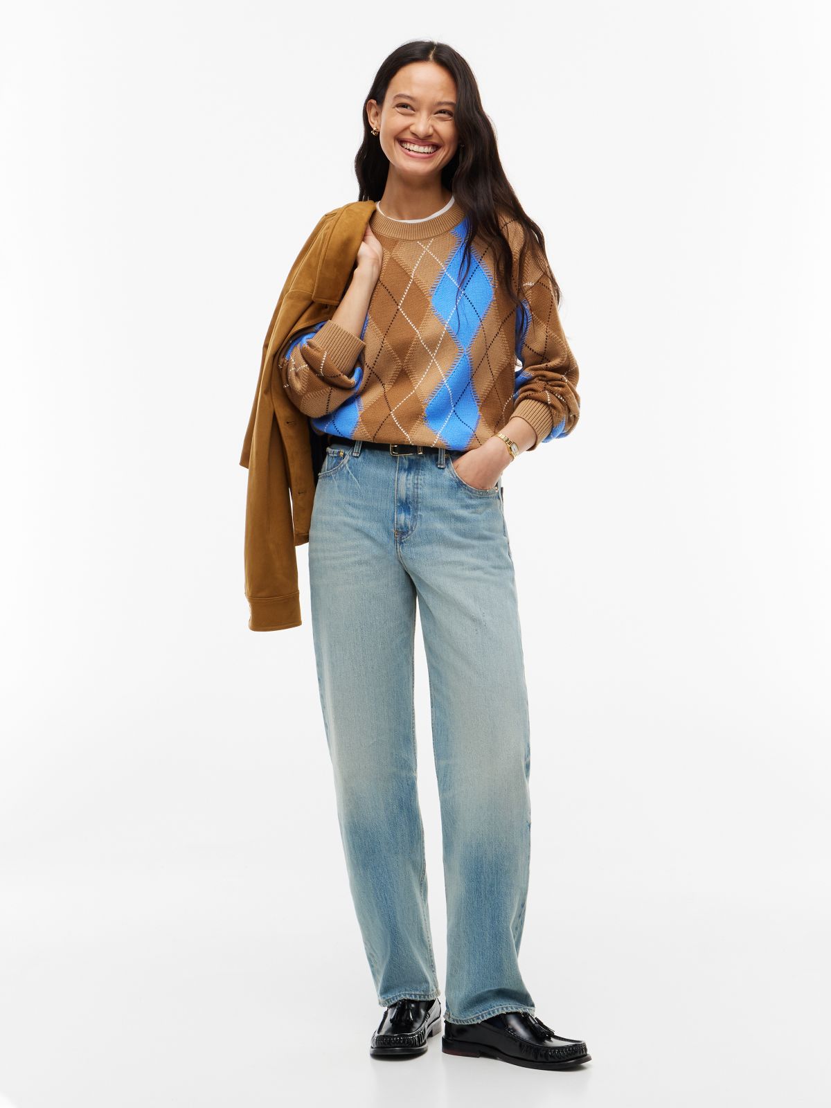 Argyle Relaxed Crew Neck Jumper — Brown