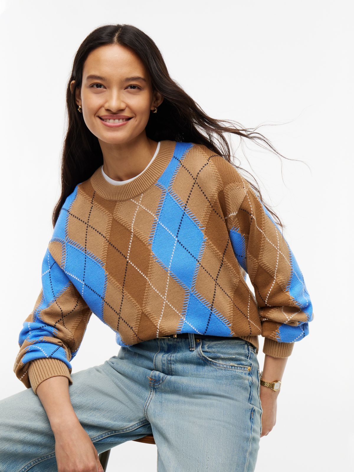 Argyle Relaxed Crew Neck Jumper — Brown